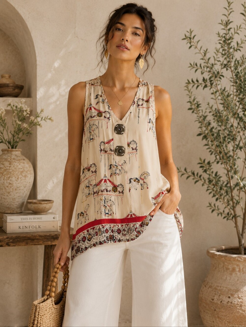 Anthropologie Trinity Silk Carousel Horse Print Sleeveless Blouse S